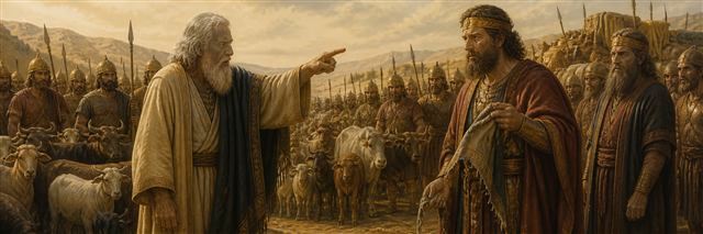 Samuel confronting Saul beside captured livestock and the spared Amalekite king